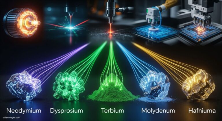 Matériaux critiques pour l'ère numérique : l'importance stratégique du néodyme, dysprosium, terbium, molybdène et hafnium