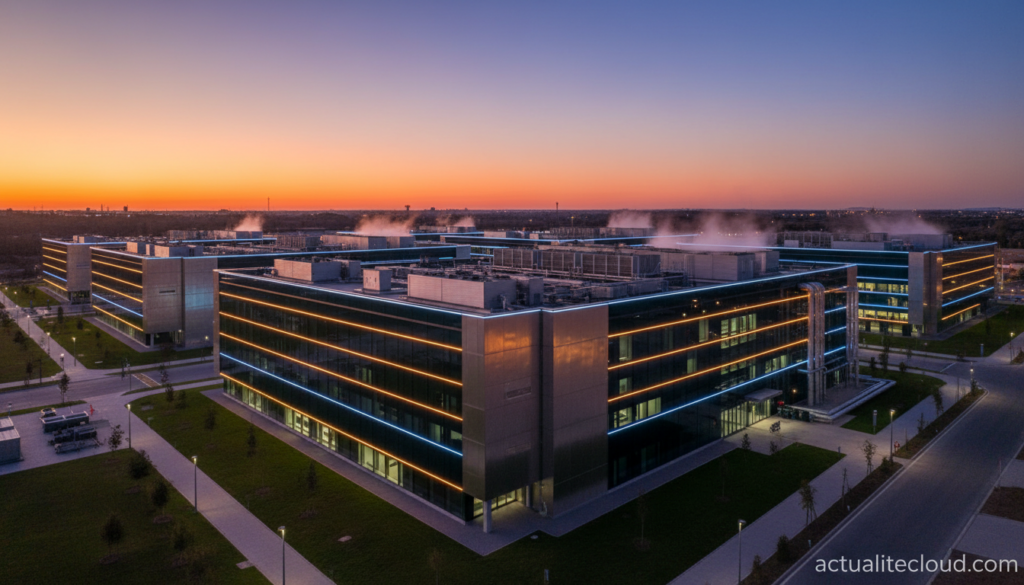 ai exterior of a modern data center facility in madrid at dusk QTrxEP
