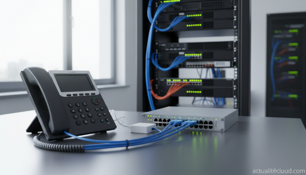 ai modern office voip phone with ethernet cables connected ind Fdlnwa