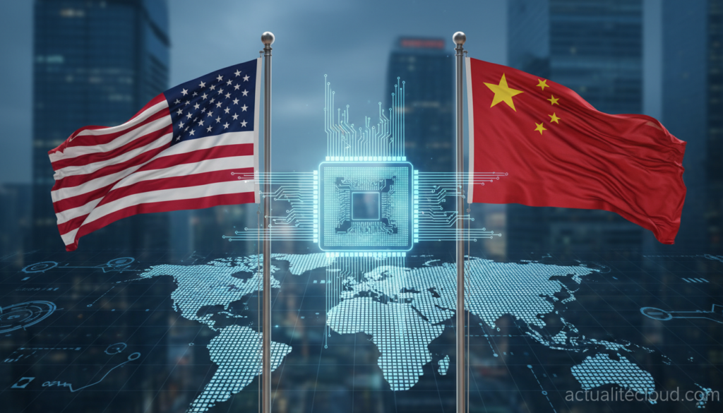 ai us and china flags with semiconductor wafer silhouette in be wEqiyp