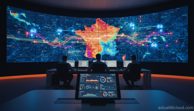 Salle de controle telecoms avec carte de couverture mobile de la France et antennes 5G