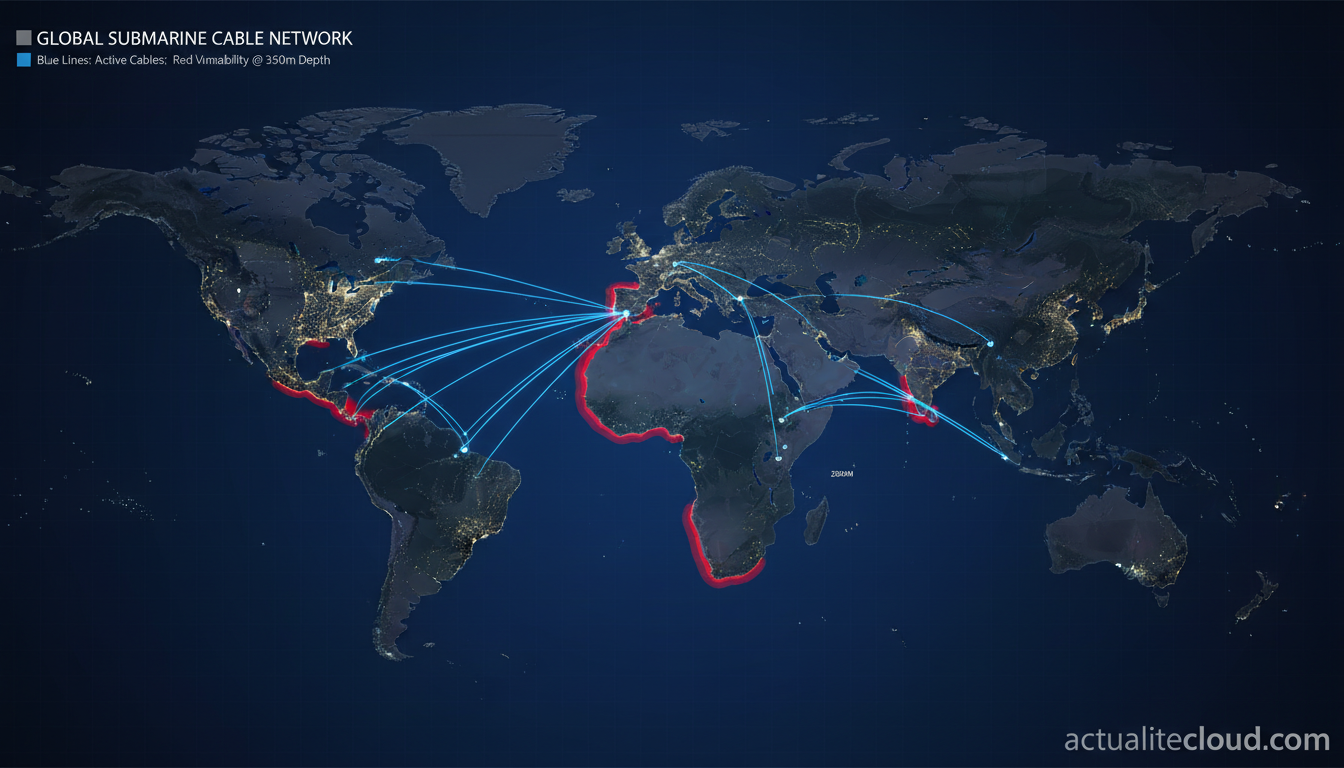 Carte géopolitique des routes de câbles sous-marins vulnérables à grande profondeur