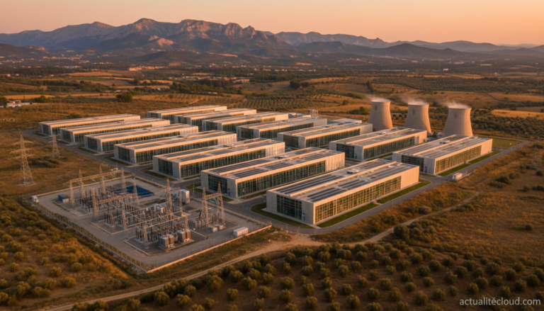 Vue aerienne d'un campus de centres de donnees en Catalogne au crepuscule avec lignes haute tension