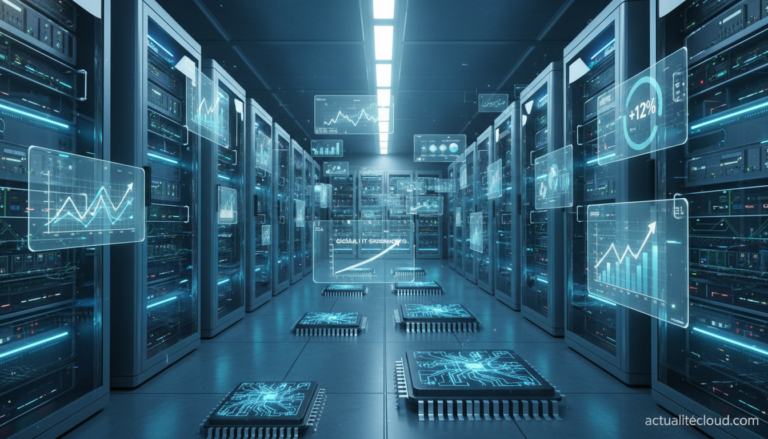 Centre de donnees moderne avec graphiques de croissance des depenses IT mondiales 2026 selon Gartner
