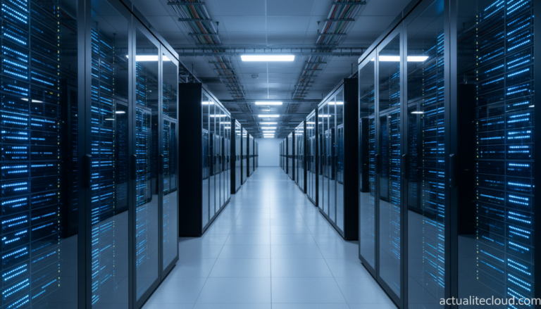 Centre de donnees NxN a Madrid avec racks de serveurs et eclairage bleu