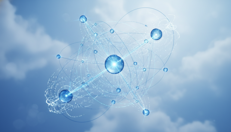 Abstract visualization of AI agents and multi-step workflows: interconnected nodes and data flows forming a complex networ...
