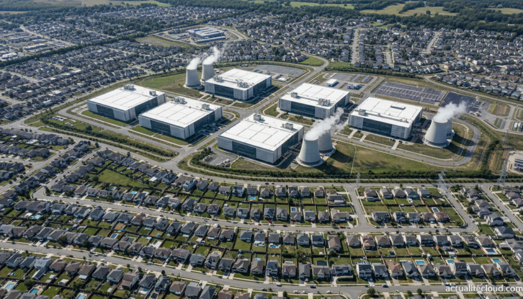 Data centers IA rejetés plus que le nucléaire, selon Gallup 6 Data center IA au cœur d'une zone résidentielle, illustrant l'opposition des communautés locales