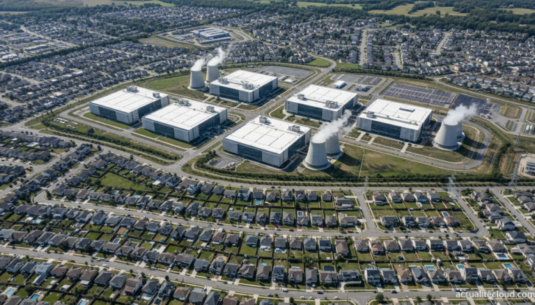 Data center IA au cœur d'une zone résidentielle, illustrant l'opposition des communautés locales