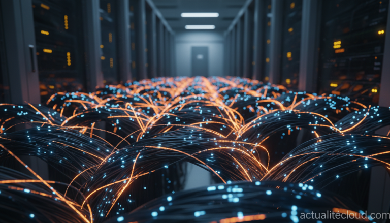 Faisceaux de fibres optiques alimentant les data centers IA, illustrant la pénurie mondiale de fibre face à la demande croissante