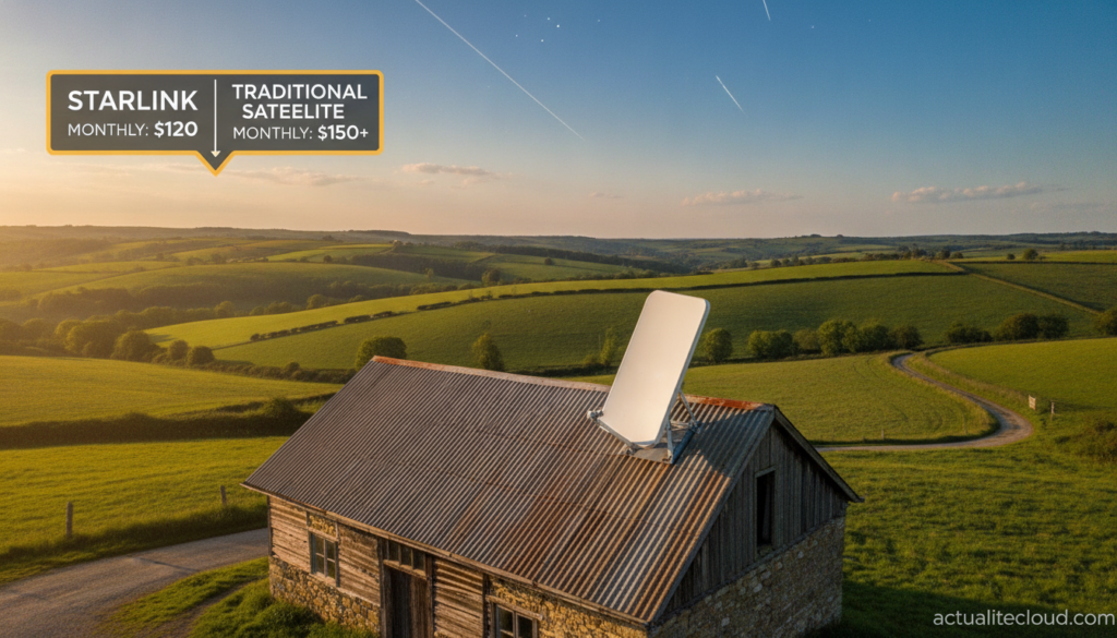 Antenne Starlink sur toit rural en Espagne avec hausse tarifaire