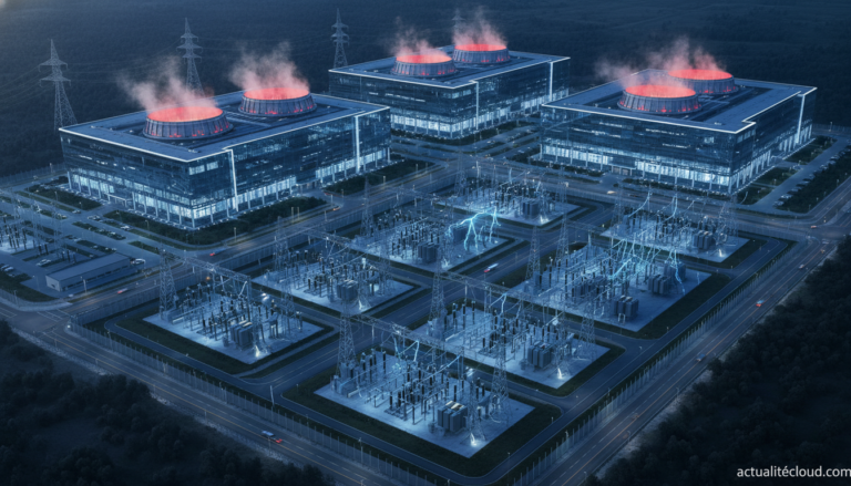 Centre de données IA avec lignes haute tension et infrastructure électrique — la guerre des gigawatts