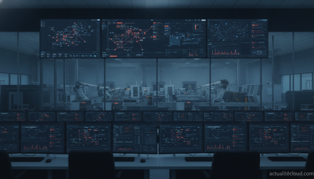 Salle de contrôle industrielle avec tableaux de bord cybersécurité OT