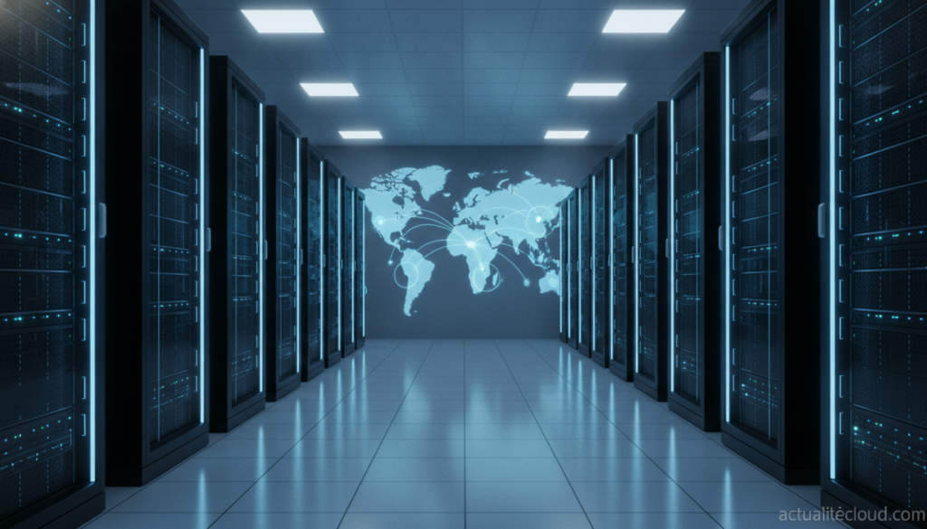 Salle de serveurs data center avec réseau mondial interconnecté