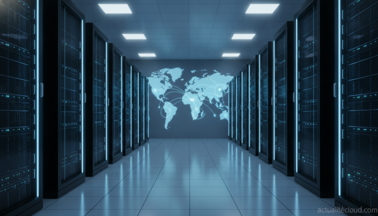 Salle de serveurs data center avec réseau mondial interconnecté