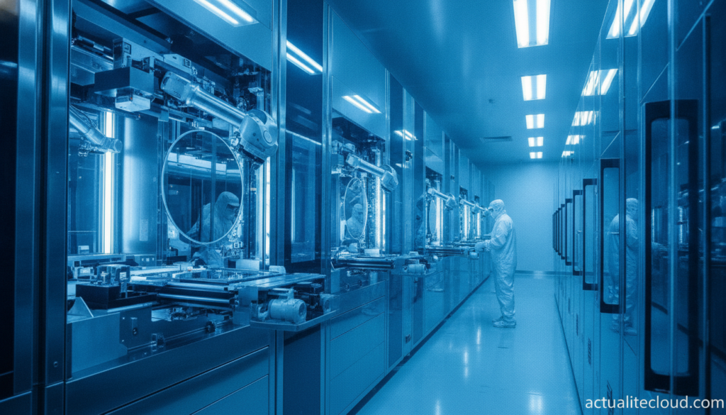 Usine de fabrication de semi-conducteurs avec wafers sur bras robotiques en salle blanche