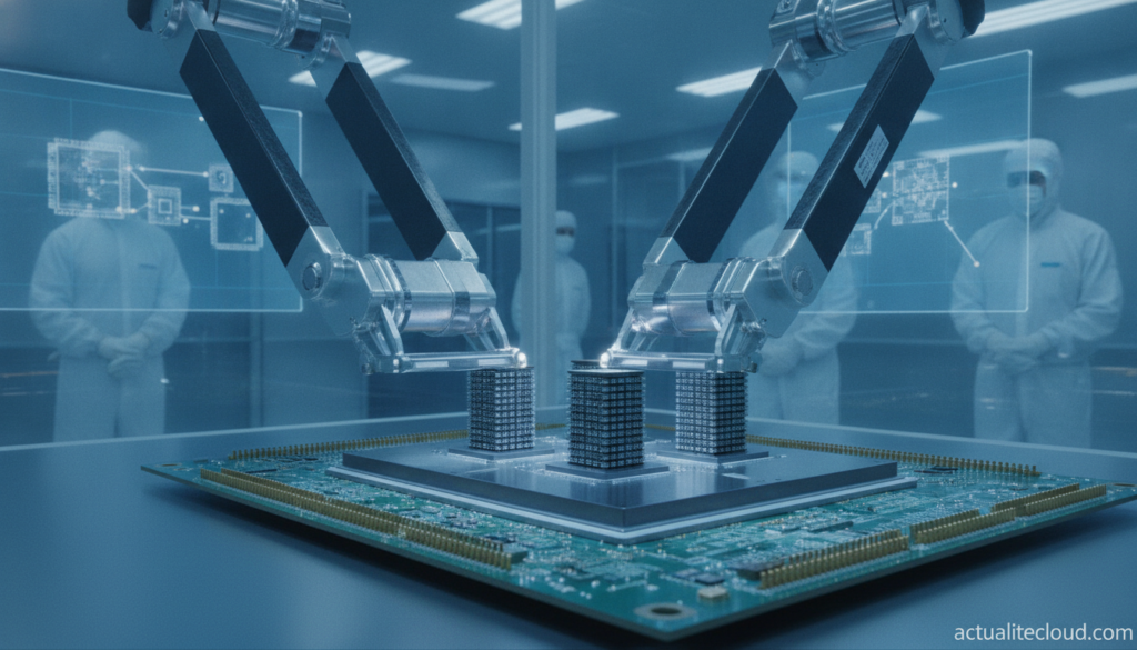 Advanced semiconductor chip packaging process in a clean room facility, showing HBM memory stacks being assembled on silic...