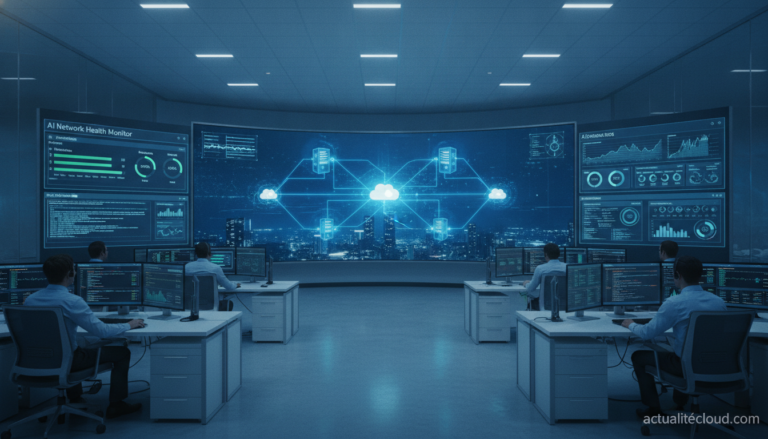 Modern network operations center with AI dashboard showing network topology map, switches and WiFi access points monitored...