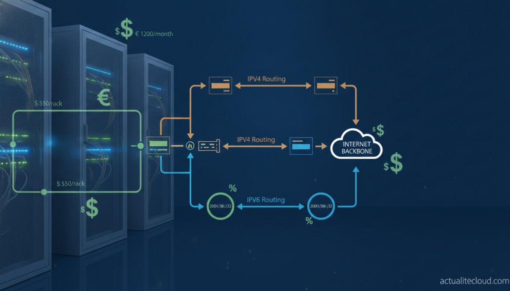 Network infrastructure visualization showing IPv4 and IPv6 routing diagram, server racks with network switches, cost calcu...