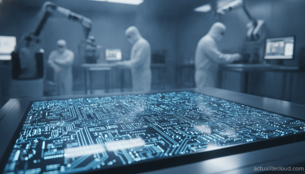 Puce semi-conductrice avancée illustrant la course au nœud 1,4 nm entre Intel, TSMC et Samsung