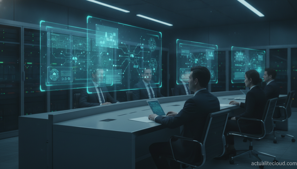 Infrastructure d'entreprise pour l'IA agentique, salle de serveurs avec tableaux de bord