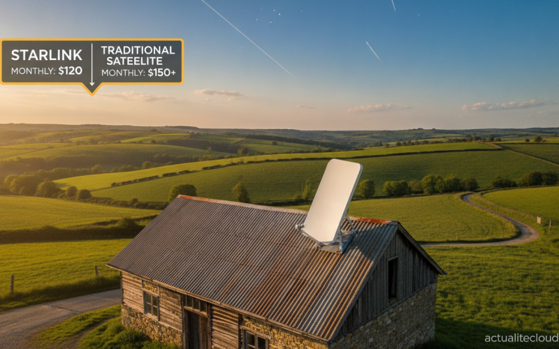 Antenne Starlink sur toit rural en Espagne avec hausse tarifaire