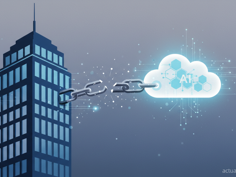 abstract illustration of a broken chain between a corporate building silhouette and a cloud AI icon,
