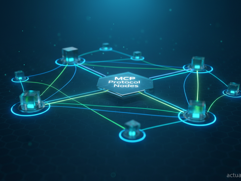 abstract network diagram of AI agents connecting through MCP protocol nodes, futuristic minimalist t