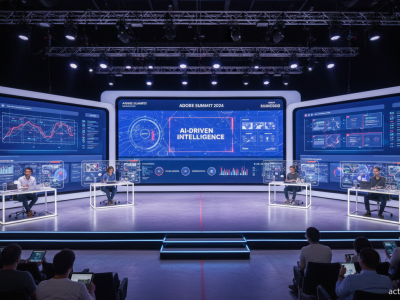 Adobe Summit stage with AI-driven marketing dashboard on display screens, creative marketers working