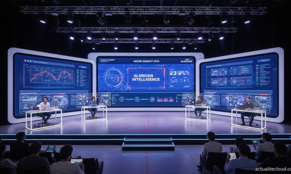 Adobe Summit stage with AI-driven marketing dashboard on display screens, creative marketers working