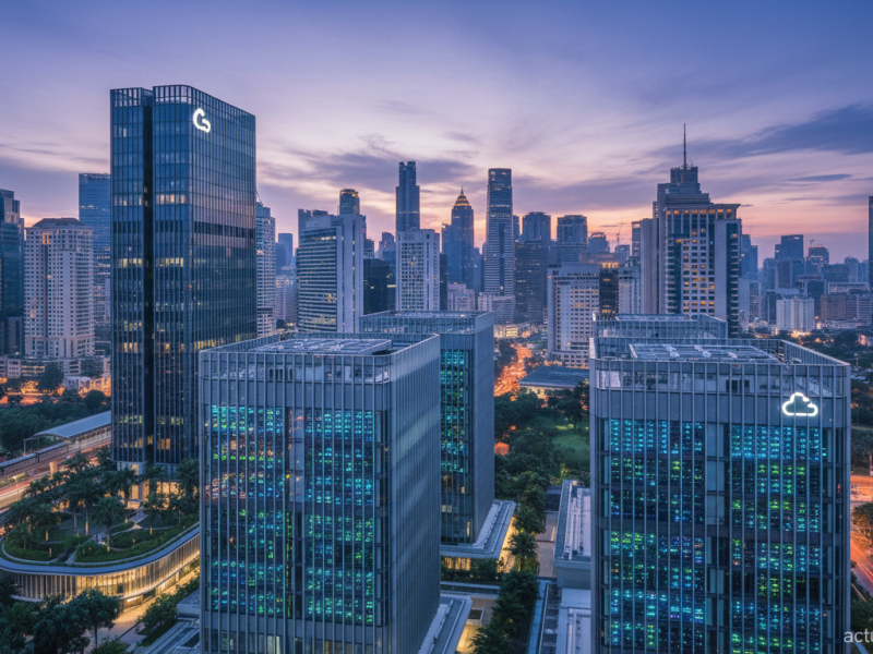 Asian metropolis skyline at dusk with illuminated modern data center towers in the foreground, glowi