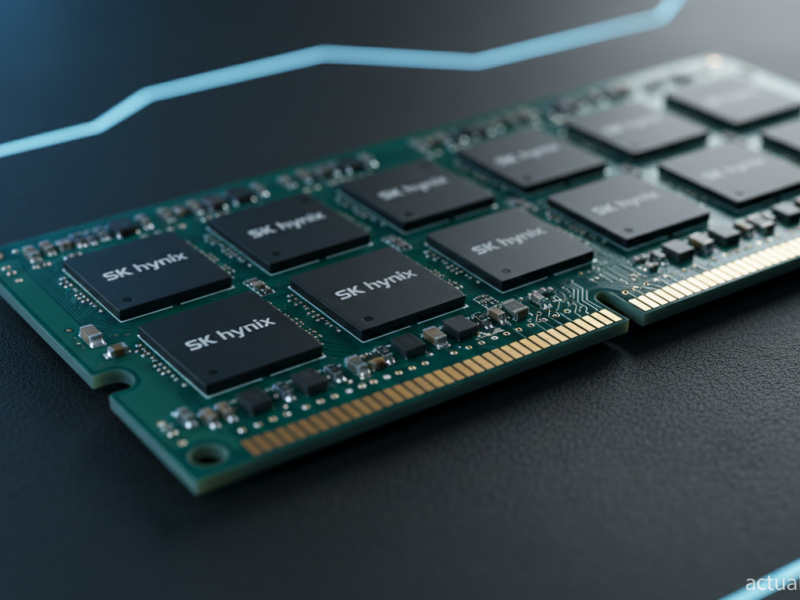Close-up macro photograph of SK hynix SOCAMM2 LPDDR5X memory module resting on a dark tech desk, gre