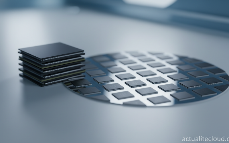 Close-up of a Samsung HBM memory stack next to a DRAM silicon wafer on a clean editorial surface, hi