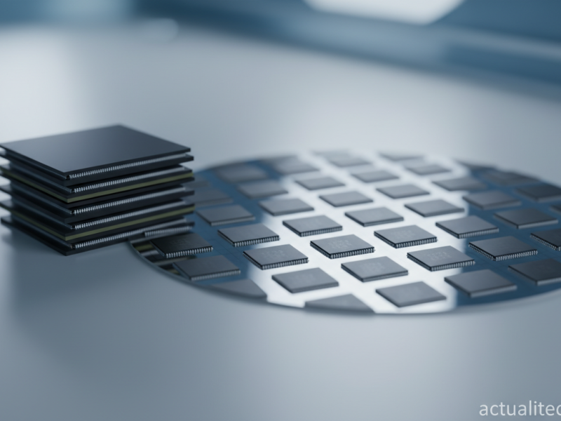 Close-up of a Samsung HBM memory stack next to a DRAM silicon wafer on a clean editorial surface, hi