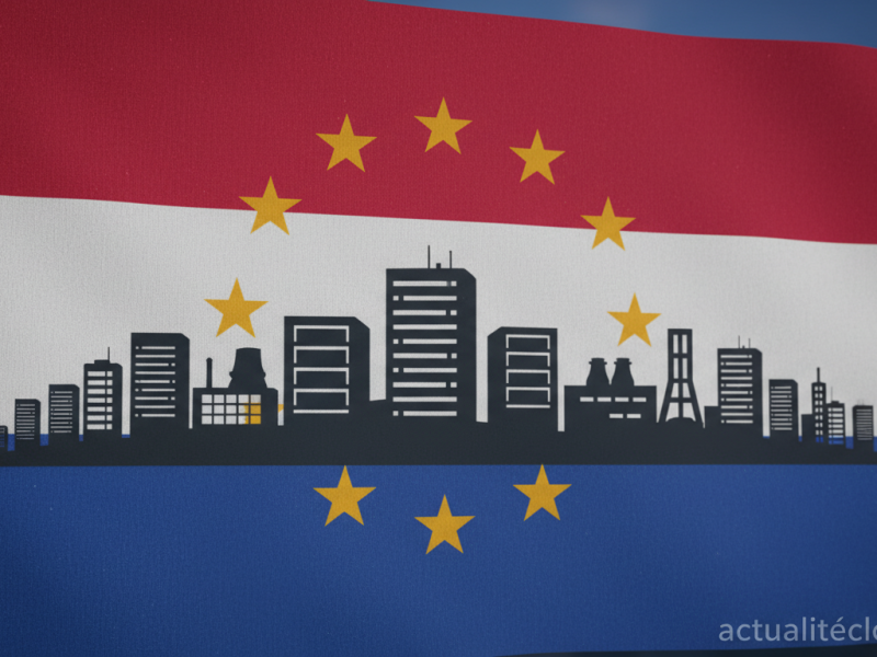 Dutch flag with data center silhouettes and European Union stars, editorial tech photography, profes