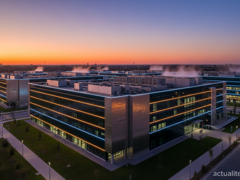 Exterior of a modern data center facility in Madrid at dusk, sleek industrial architecture with illu