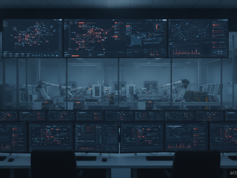 Salle de contrôle industrielle avec tableaux de bord cybersécurité OT