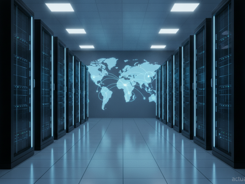 Salle de serveurs data center avec réseau mondial interconnecté