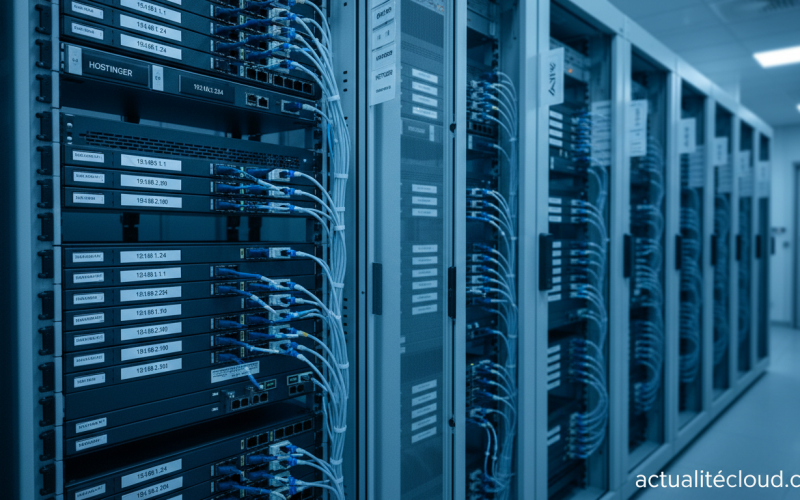 Modern datacenter scene with network server racks illuminated by blue LED lights, several rack units