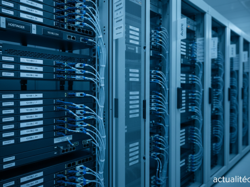 Modern datacenter scene with network server racks illuminated by blue LED lights, several rack units