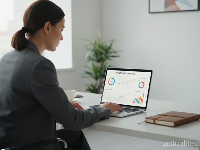 Modern finance office interior, a professional accountant in business attire viewing an AI analytics