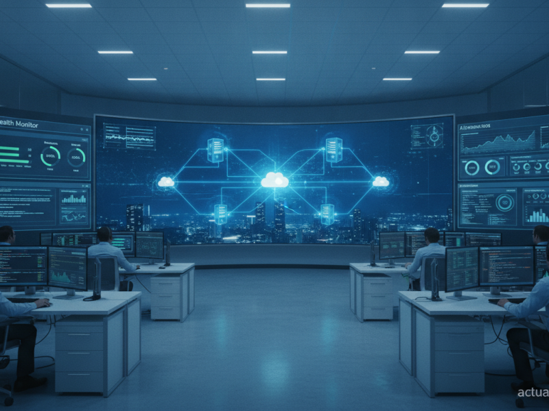 Modern network operations center with AI dashboard showing network topology map, switches and WiFi access points monitored...