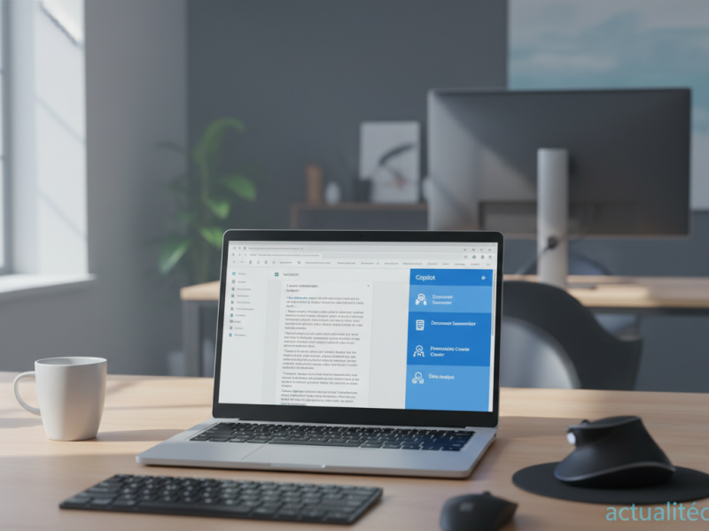 modern office desk with laptop showing Microsoft 365 interface and Copilot panel with AI agents, cle