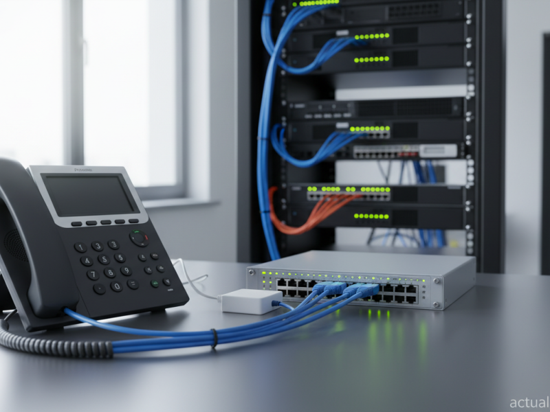 Modern office VoIP phone with ethernet cables connected, industrial networking equipment and server