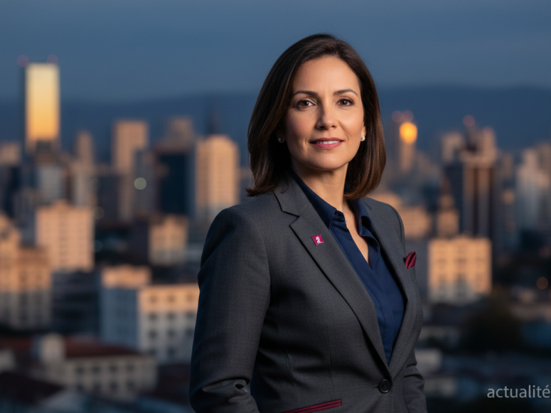 Professional portrait-style composition of a woman technology executive in her forties, confident ex