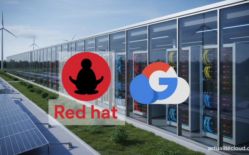 Red Hat and Google Cloud logos side by side with a modern European datacenter landscape in the backg