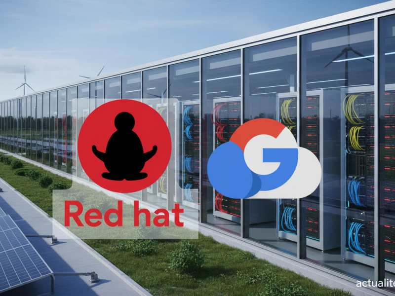 Red Hat and Google Cloud logos side by side with a modern European datacenter landscape in the backg