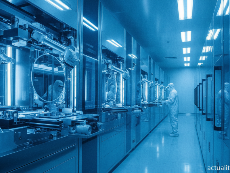Usine de fabrication de semi-conducteurs avec wafers sur bras robotiques en salle blanche