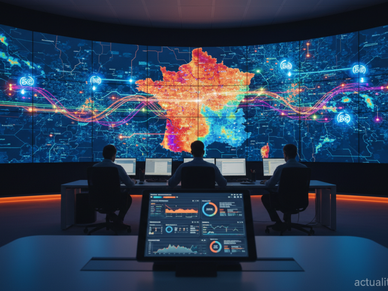 Salle de controle telecoms avec carte de couverture mobile de la France et antennes 5G