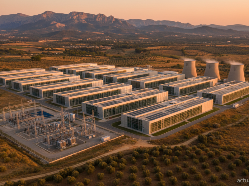 Vue aerienne d'un campus de centres de donnees en Catalogne au crepuscule avec lignes haute tension